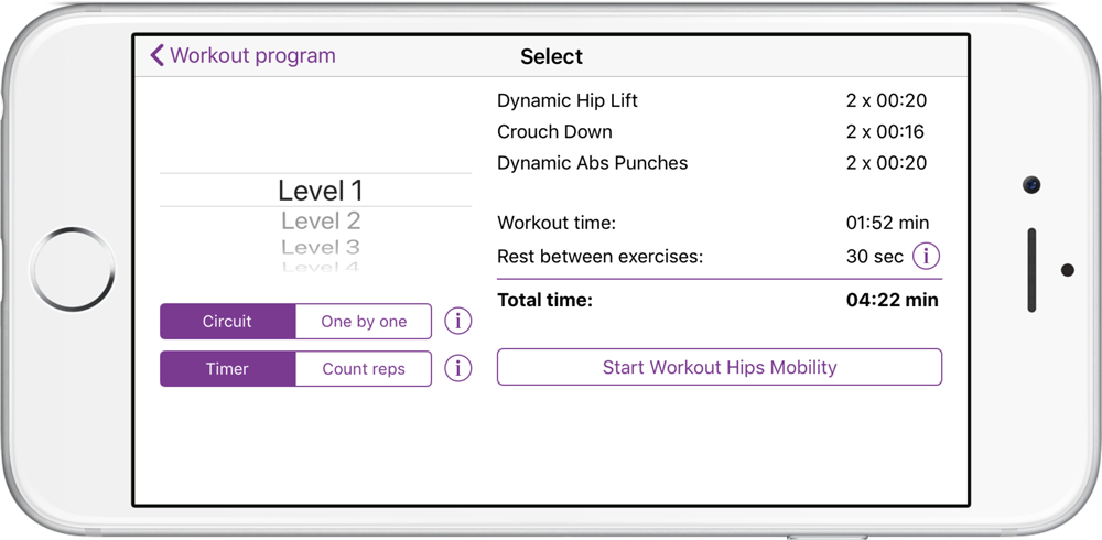 Select Level and One by One or Circuit Poworkout Screenshot Select Level