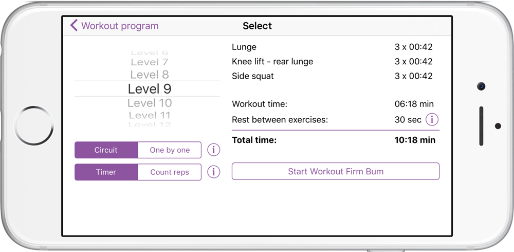 Select Level and One by One or Circuit Poworkout Screenshot Select Level